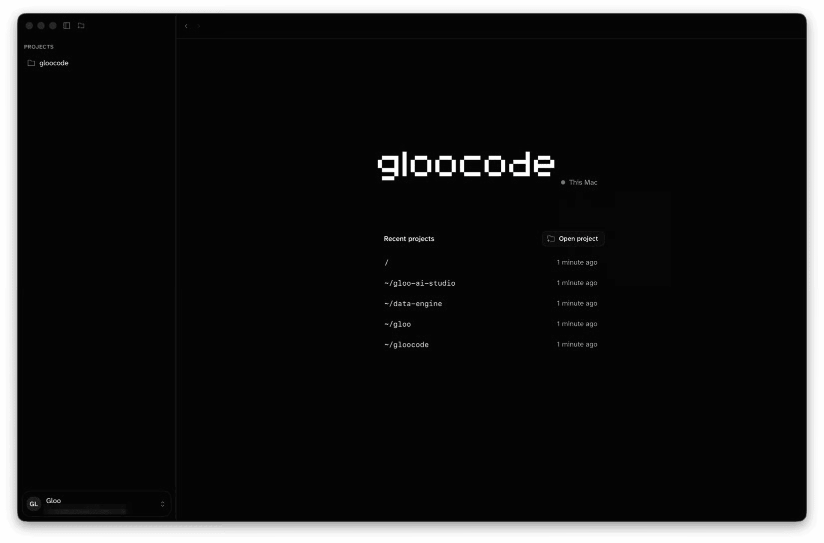 The Gloo Code macOS app: a projects sidebar and recent projects, one click from any repo.
